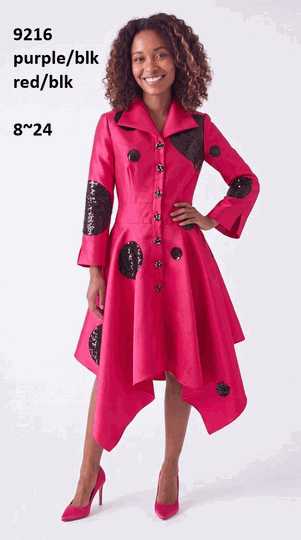 Lusso <br> (Fall/Winter 2026) <br> LU9216-RE <br><br>Red/Black <br> 8 10 12 14 16 18 20 22 24<br><br>Pleated sequin circles midi dress w/rhinestone buttons & wide collar