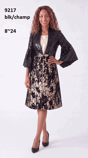 Lusso <br> (Fall/Winter 2026) <br> LU9217 <br><br>Black/Champagne <br> 8 10 12 14 16 18 20 22 24<br><br>Sequin floral duster w/solid dress & flare sleeves