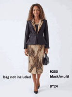 Lusso <br> (Fall/Winter 2026) <br> LU9230 <br><br>Black/Multi <br> 8 10 12 14 16 18 20 22 24<br><br>Metallic pattern 3 piece skirt suit w/peplum, cami & notch collar Lusso <br> (Fall/Winter 2026) <br> LU9230 <br><br>Black/Multi <br> 8 10 12 14 16 18 20 22 24<br><br>Metallic pattern 3 piece skirt suit w/peplum, cami & notch collar