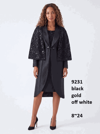 Lusso <br> (Fall/Winter 2026) <br> LU9231-BL <br><br>Black <br> 8 10 12 14 16 18 20 22 24<br><br>Silky shawl collar duster w/tiered dress, floral capelet, sequins & deco clasp