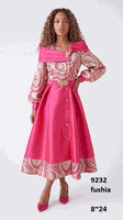 Lusso <br> (Fall/Winter 2026) <br> LU9232 <br><br>Fushia <br> 8 10 12 14 16 18 20 22 24<br><br>Swirl print pleated maxi dress w/gold buttons & portrait collar Lusso <br> (Fall/Winter 2026) <br> LU9232 <br><br>Fushia <br> 8 10 12 14 16 18 20 22 24<br><br>Swirl print pleated maxi dress w/gold buttons & portrait collar