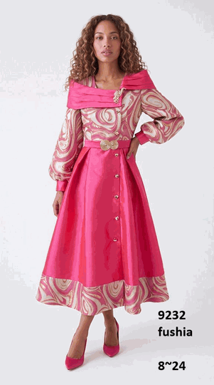 Lusso <br> (Fall/Winter 2026) <br> LU9232 <br><br>Fushia <br> 8 10 12 14 16 18 20 22 24<br><br>Swirl print pleated maxi dress w/gold buttons & portrait collar