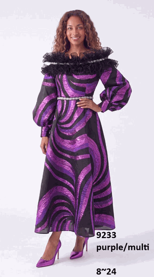 Lusso <br> (Fall/Winter 2026) <br> LU9233 <br><br>Purple/Multi <br> 8 10 12 14 16 18 20 22 24<br><br>Metallic swirl maxi dress w/organza ruffle wrap collar