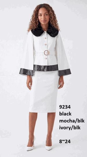 Lusso <br> (Fall/Winter 2026) <br> LU9234-IV <br><br>Ivory/Black  <br>  Black/Black <br> 8 10 12 14 16 18 20 22 24<br><br>Cape sleeve belted skirt suit w/faux fur collar, sequin edging, & gold buttons