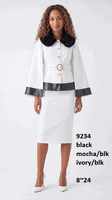 Lusso <br> (Fall/Winter 2026) <br> LU9234-IV <br><br>Ivory/Black <br> Black/Black <br> 8 10 12 14 16 18 20 22 24<br><br>Cape sleeve belted skirt suit w/faux fur collar, sequin edging, & gold buttons Lusso <br> (Fall/Winter 2026) <br> LU9234-IV <br><br>Ivory/Black <br> Black/Black <br> 8 10 12 14 16 18 20 22 24<br><br>Cape sleeve belted skirt suit w/faux fur collar, sequin edging, & gold buttons
