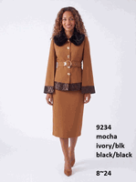 Lusso <br> (Fall/Winter 2026) <br> LU9234-MO <br><br>Mocha/Black <br> Black/Black <br> 8 10 12 14 16 18 20 22 24<br><br>Cape sleeve belted skirt suit w/faux fur collar, sequin edging, & gold buttons Lusso <br> (Fall/Winter 2026) <br> LU9234-MO <br><br>Mocha/Black <br> Black/Black <br> 8 10 12 14 16 18 20 22 24<br><br>Cape sleeve belted skirt suit w/faux fur collar, sequin edging, & gold buttons