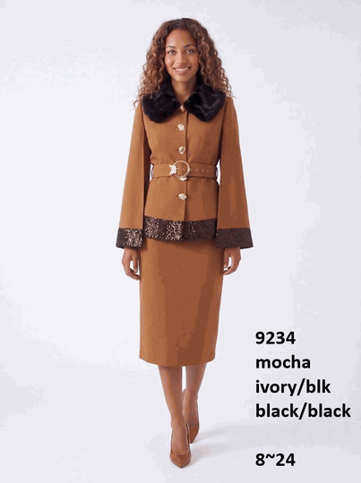 Lusso <br> (Fall/Winter 2026) <br> LU9234-MO <br><br>Mocha/Black  <br>  Black/Black <br> 8 10 12 14 16 18 20 22 24<br><br>Cape sleeve belted skirt suit w/faux fur collar, sequin edging, & gold buttons