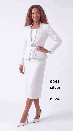 Lusso <br> (Fall/Winter 2026) <br> LU9241 <br><br>Silver <br> 8 10 12 14 16 18 20 22 24<br><br>3 piece skirt suit w/cami, sparkle trim & rhinestone clasp