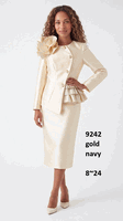 Lusso <br> (Fall/Winter 2026) <br> LU9242 <br><br>Gold <br> Navy <br> 8 10 12 14 16 18 20 22 24<br><br>Silky twill skirt suit w/ruffle peplum & flower brooch Lusso <br> (Fall/Winter 2026) <br> LU9242 <br><br>Gold <br> Navy <br> 8 10 12 14 16 18 20 22 24<br><br>Silky twill skirt suit w/ruffle peplum & flower brooch