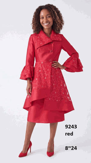 Lusso <br> (Fall/Winter 2026) <br> LU9243 <br><br>Red <br> 8 10 12 14 16 18 20 22 24<br><br>Floral long jacket suit w/flare sleeves, wide collar & matching buttons