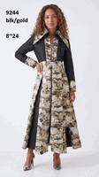 Lusso <br> (Fall/Winter 2026) <br> LU9244 <br><br>Black/Gold <br> 8 10 12 14 16 18 20 22 24<br><br>Metallic print pleated maxi dress w/zip front, wide collar & sash belt Lusso <br> (Fall/Winter 2026) <br> LU9244 <br><br>Black/Gold <br> 8 10 12 14 16 18 20 22 24<br><br>Metallic print pleated maxi dress w/zip front, wide collar & sash belt