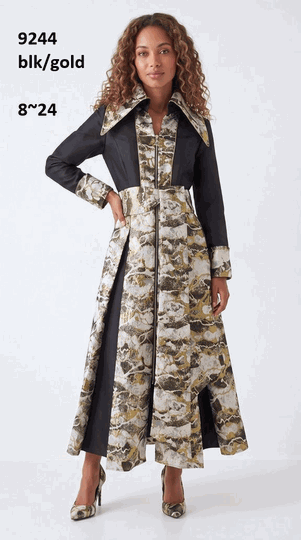 Lusso <br> (Fall/Winter 2026) <br> LU9244 <br><br>Black/Gold <br> 8 10 12 14 16 18 20 22 24<br><br>Metallic print pleated maxi dress w/zip front, wide collar & sash belt