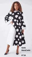 Lusso <br> (Fall/Winter 2026) <br> LU9245 <br><br>Black/White <br> 8 10 12 14 16 18 20 22 24<br><br>Polka dot scuba midi dress w/rhinestones, mandarin collar & bell sleeves Lusso <br> (Fall/Winter 2026) <br> LU9245 <br><br>Black/White <br> 8 10 12 14 16 18 20 22 24<br><br>Polka dot scuba midi dress w/rhinestones, mandarin collar & bell sleeves