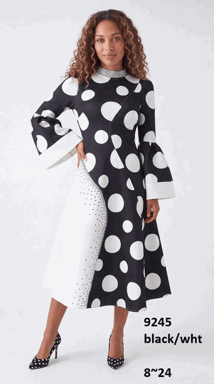 Lusso <br> (Fall/Winter 2026) <br> LU9245 <br><br>Black/White <br> 8 10 12 14 16 18 20 22 24<br><br>Polka dot scuba midi dress w/rhinestones, mandarin collar & bell sleeves