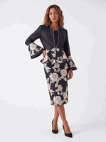 Lusso <br> (Fall/Winter 2026) <br> LU9246-BL <br><br>Black/Gold <br> 8 10 12 14 16 18 20 22 24<br><br>Floral pattern peplum 3 piece skirt suit w/cami & flare sleeves Lusso <br> (Fall/Winter 2026) <br> LU9246-BL <br><br>Black/Gold <br> 8 10 12 14 16 18 20 22 24<br><br>Floral pattern peplum 3 piece skirt suit w/cami & flare sleeves
