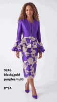 Lusso <br> (Fall/Winter 2026) <br> LU9246-PU <br><br>Purple/Multi <br> 8 10 12 14 16 18 20 22 24<br><br>Floral pattern peplum 3 piece skirt suit w/cami & flare sleeves Lusso <br> (Fall/Winter 2026) <br> LU9246-PU <br><br>Purple/Multi <br> 8 10 12 14 16 18 20 22 24<br><br>Floral pattern peplum 3 piece skirt suit w/cami & flare sleeves