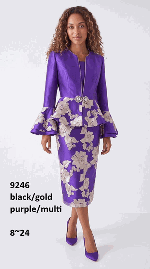 Lusso <br> (Fall/Winter 2026) <br> LU9246-PU <br><br>Purple/Multi <br> 8 10 12 14 16 18 20 22 24<br><br>Floral pattern peplum 3 piece skirt suit w/cami & flare sleeves