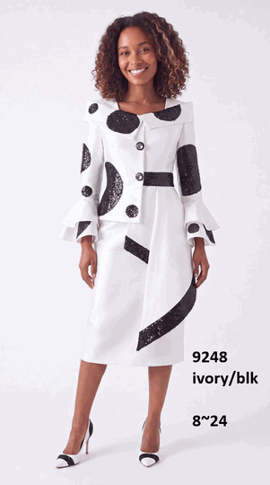 Lusso <br> (Fall/Winter 2026) <br> LU9248 <br><br>Ivory/Black <br> 8 10 12 14 16 18 20 22 24<br><br>Sequin polka dot cascading peplum suit w/flare sleeves