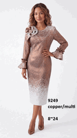 Lusso <br> (Fall/Winter 2026) <br> LU9249 <br><br>Copper/Multi <br> 8 10 12 14 16 18 20 22 24<br><br>Metallic ombre sheath dress w/ruffle cuffs & floral brooch Lusso <br> (Fall/Winter 2026) <br> LU9249 <br><br>Copper/Multi <br> 8 10 12 14 16 18 20 22 24<br><br>Metallic ombre sheath dress w/ruffle cuffs & floral brooch