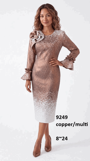 Lusso <br> (Fall/Winter 2026) <br> LU9249 <br><br>Copper/Multi <br> 8 10 12 14 16 18 20 22 24<br><br>Metallic ombre sheath dress w/ruffle cuffs & floral brooch