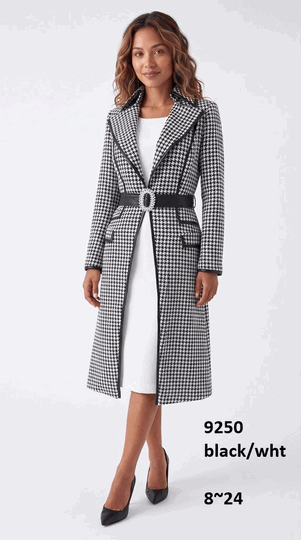 Lusso <br> (Fall/Winter 2026) <br> LU9250 <br><br>Black/White <br> 8 10 12 14 16 18 20 22 24<br><br>Houndstooth check trench coat w/solid dress & rhinestone buckle belt