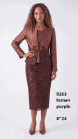 Lusso <br> (Fall/Winter 2026) <br> LU9253 <br><br>Brown <br> Purple <br> 8 10 12 14 16 18 20 22 24<br><br>3 piece lace brocade skirt suit w/cami Lusso <br> (Fall/Winter 2026) <br> LU9253 <br><br>Brown <br> Purple <br> 8 10 12 14 16 18 20 22 24<br><br>3 piece lace brocade skirt suit w/cami
