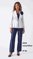 Lusso <br> (Fall/Winter 2026) <br> LU9255 <br><br>Navy/Silver <br> 8 10 12 14 16 18 20 22 24<br><br>3 piece pantsuit w/peplum jacket, notch collar, cami & flower brooch Lusso <br> (Fall/Winter 2026) <br> LU9255 <br><br>Navy/Silver <br> 8 10 12 14 16 18 20 22 24<br><br>3 piece pantsuit w/peplum jacket, notch collar, cami & flower brooch