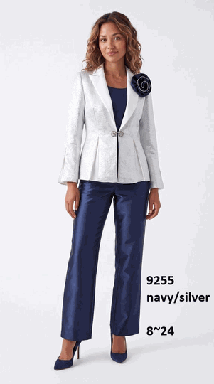 Lusso <br> (Fall/Winter 2026) <br> LU9255 <br><br>Navy/Silver <br> 8 10 12 14 16 18 20 22 24<br><br>3 piece pantsuit w/peplum jacket, notch collar, cami & flower brooch