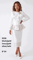 Lusso <br> (Fall/Winter 2026) <br> LU9258 <br><br>Black/Gold <br> Ivory/Gold <br> Silver/White <br> 8 10 12 14 16 18 20 22 24<br><br>Peplum skirt suit w/houndstooth check & large bow collar Lusso <br> (Fall/Winter 2026) <br> LU9258 <br><br>Black/Gold <br> Ivory/Gold <br> Silver/White <br> 8 10 12 14 16 18 20 22 24<br><br>Peplum skirt suit w/houndstooth check & large bow collar