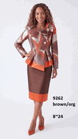 Lusso <br> (Fall/Winter 2026) <br> LU9262 <br><br>Brown/Orange <br> 8 10 12 14 16 18 20 22 24<br><br>Multi-color print peplum suit w/bow Lusso <br> (Fall/Winter 2026) <br> LU9262 <br><br>Brown/Orange <br> 8 10 12 14 16 18 20 22 24<br><br>Multi-color print peplum suit w/bow