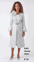 Lusso <br> (Fall/Winter 2026) <br> LU9265 <br><br>Champagne <br> Silver <br> 8 10 12 14 16 18 20 22 24<br><br>Brocade duster w/solid dress, flare sleeves & organza flower brooch Lusso <br> (Fall/Winter 2026) <br> LU9265 <br><br>Champagne <br> Silver <br> 8 10 12 14 16 18 20 22 24<br><br>Brocade duster w/solid dress, flare sleeves & organza flower brooch