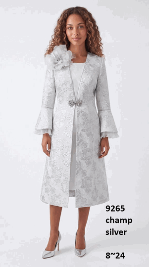 Lusso <br> (Fall/Winter 2026) <br> LU9265 <br><br>Champagne  <br>  Silver <br> 8 10 12 14 16 18 20 22 24<br><br>Brocade duster w/solid dress, flare sleeves & organza flower brooch