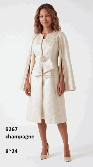 Lusso <br> (Fall/Winter 2026) <br> LU9267 <br><br>Champagne <br> 8 10 12 14 16 18 20 22 24<br><br>Split cape sleeve duster w/dress & pearl trim