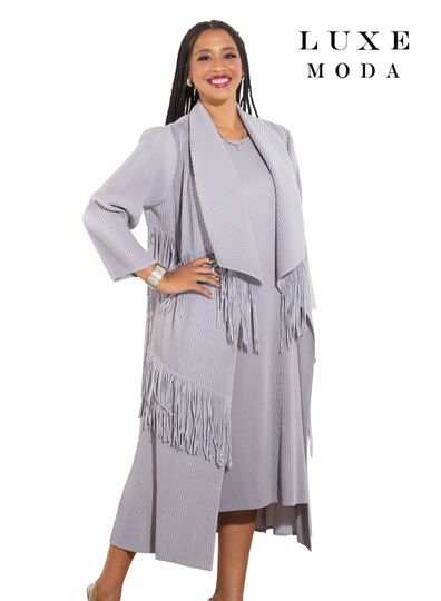 Luxe Moda <br> (Fall/Holiday 2025) <br> LM-466 <br> <br> Silver <br> S/M  L/XL  1X/2X<br> <br> 2pc. Dress & Duster Set
