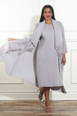 Luxe Moda <br> (Fall/Holiday 2025) <br> LM-466 <br> <br> Silver <br> S/M  L/XL  1X/2X<br> <br> 2pc. Dress & Duster Set