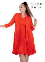 Luxe Moda <br> (Fall/Holiday 2025) <br> LM-467 <br> <br> Orange <br> S/M  L/XL  1X/2X<br> <br> Dress With Attached Duster