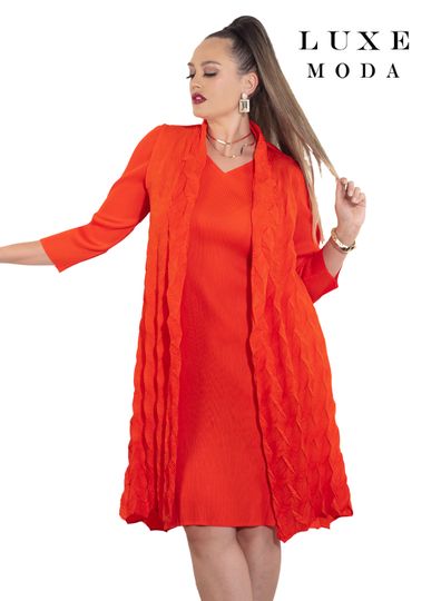 Luxe Moda <br> (Fall/Holiday 2025) <br> LM-467 <br> <br> Orange <br> S/M  L/XL  1X/2X<br> <br> Dress With Attached Duster