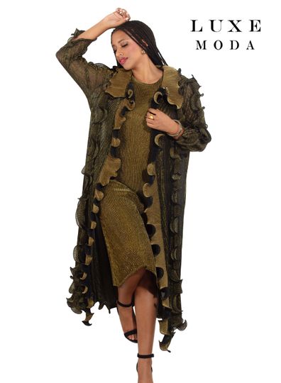 Luxe Moda <br> (Fall/Holiday 2025) <br> LM-468 <br> <br> Gold <br> S/M  L/XL  1X/2X<br> <br> 2pc. Dress & Duster Set