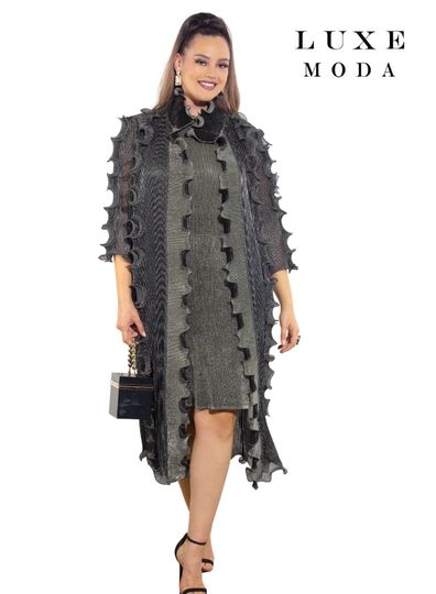 Luxe Moda <br> (Fall/Holiday 2025) <br> LM-468 <br> <br> Silver <br> S/M  L/XL  1X/2X<br> <br> 2pc. Dress & Duster Set