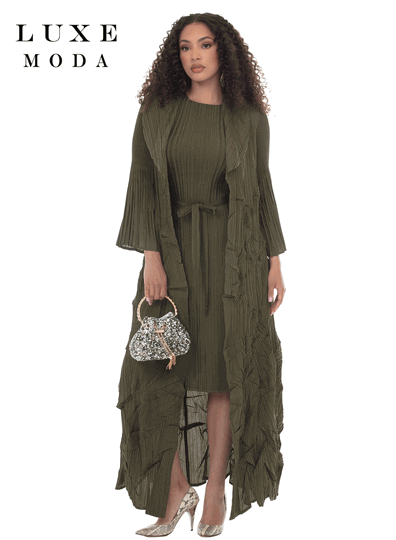 Luxe Moda <br> (Fall/Holiday 2026) <br> LM-566 <br> <br> OLIVE <br> S/M L/XL 1X/2X<br> <br> 2pc. Dress & Duster