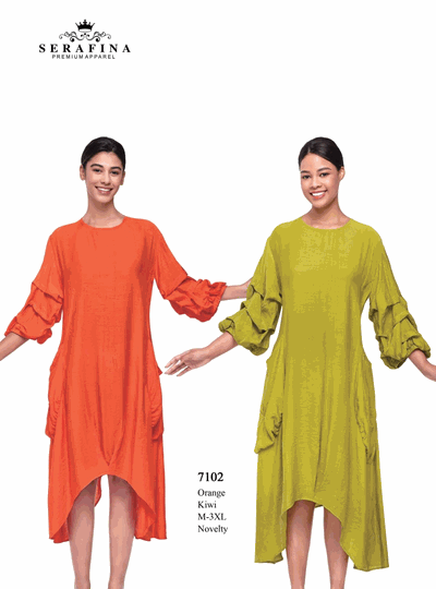 Serafina <br> (Spring/Summer 2026) <br> SF7102 <br> <br> ORANGE  <br>   KIWI <br> M(10) L(12) XL(14) <BR> 1x(16) 2x(18) 3x(20)<br><br>NOVELTY<br>DRESS