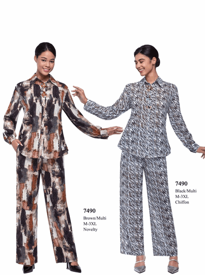 Serafina <br> (Spring/Summer 2026) <br> SF7490 <br> <br> BROWN-MULTI  <br>   BLACK-MULTI <br> M(10) L(12) XL(14) <BR> 1x(16) 2x(18) 3x(20)<br><br>NOVELTY & CHIFFON<br>2 Piece PANTS