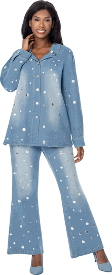 Sharz B. London <br> (Fall 2026) <br> SBL8182 <br> <br> Medium-Blue <br> S M L XL 1x 2x 3x<br><br>2-piece Denim Pant Set <br>