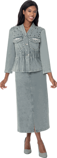 Sharz B. London <br> (Fall 2026) <br> SBL8192 <br> <br> Washed-Denim <br> S M L XL 1x 2x 3x<br><br>2-piece Denim Maxi Skirt Suit, Washed Finish <br>
