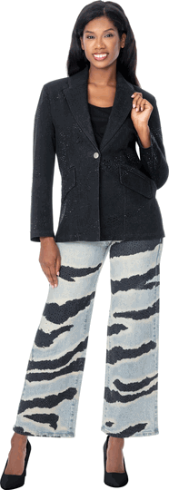 Sharz B. London <br> (Fall 2026) <br> SBL8233 <br> <br> Multi <br> M L XL 1x 2x 3x<br><br>Blazer & Wide-leg Pant Set With Contrast Zebra-print Trouser <br>