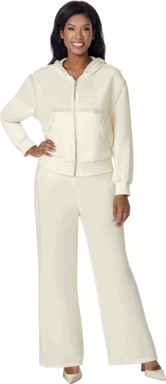 Sharz B. London <br> (Fall 2026) <br> SBL8252 <br> <br> Cream <br> S M L XL 1x 2x 3x<br><br>Pearl & Lace-trimmed Zip Hoodie & Pant Loungewear Set <br>