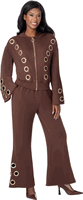 Sharz B. London <br> (Fall 2026) <br> SBL8272 <br> <br> Brown/Gold <br> S M L XL 1x 2x 3x<br><br>Hooded Zip Jacket & Flared Pant Set With Gold Grommet Trim <br>