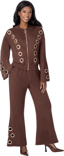 Sharz B. London <br> (Fall 2026) <br> SBL8272 <br> <br> Brown/Gold <br> S M L XL 1x 2x 3x<br><br>Hooded Zip Jacket & Flared Pant Set With Gold Grommet Trim <br>