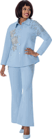 Sharz B. London <br> (Fall 2026) <br> SBL8292 <br> <br> Denim <br> S M L XL 1x 2x 3x<br><br>Denim Shirt-jacket & Flared Pant Set With Floral Lace Appliqu� And Crystal Embellishment <br>