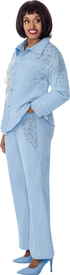 Sharz B. London <br> (Fall 2026) <br> SBL8292 <br> <br> Denim <br> S M L XL 1x 2x 3x<br><br>Denim Shirt-jacket & Flared Pant Set With Floral Lace Appliqué And Crystal Embellishment <br> Sharz B. London <br> (Fall 2026) <br> SBL8292 <br> <br> Denim <br> S M L XL 1x 2x 3x<br><br>Denim Shirt-jacket & Flared Pant Set With Floral Lace Appliqué And Crystal Embellishment <br>